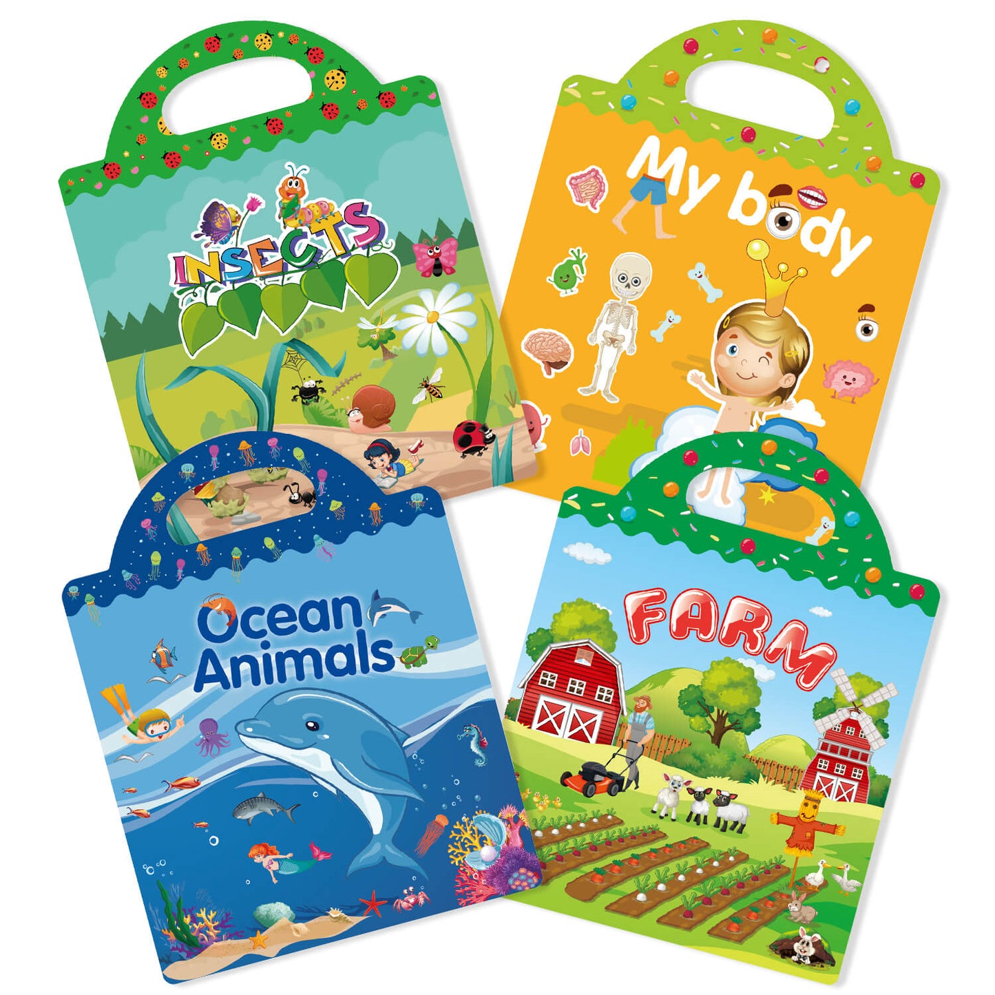 Reusable Sticker Book for Kids (Farm, Ocean Animals, Insects, Body)