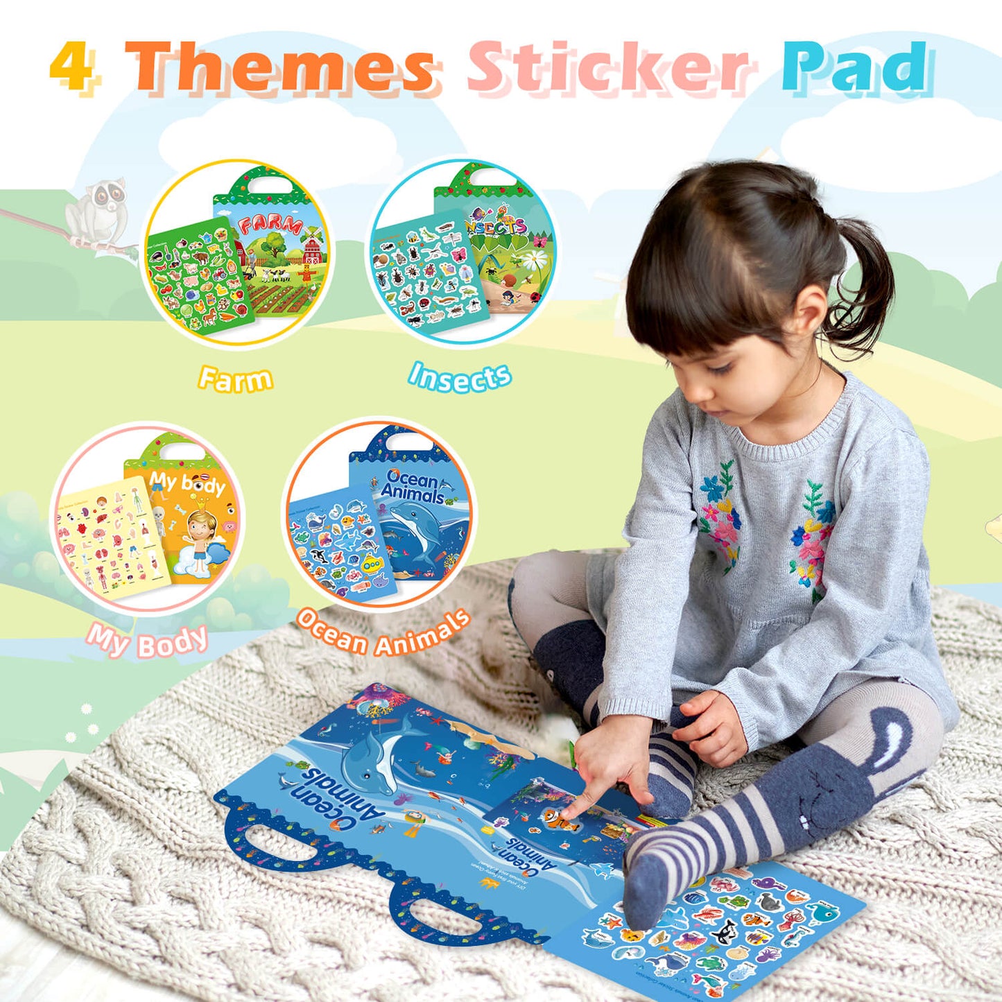 Reusable Sticker Book for Kids (Farm, Ocean Animals, Insects, Body)