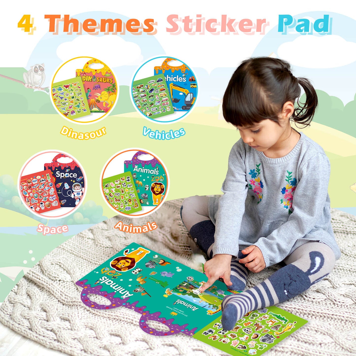 Reusable Sticker Book (Animals, Dinosaurs, Space, Vehicles)